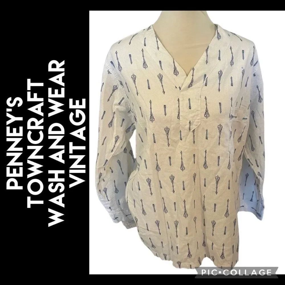 Penney's Towncraft Men's White Blue Wash And Wear Vintage Sleep Shirt 38/40